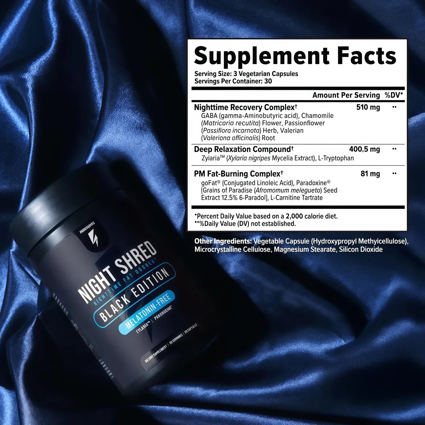 Night Shred Black Melatonin-Free - Night Time Fat Burner, Weight Loss, and Natural Sleep Support - GABA Complex with Ashwagandha, CLA, Grains of Paradise - Thermogenic Fat Burner - 90 Vegan Capsules
