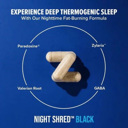 Night Shred Black Melatonin-Free - Night Time Fat Burner, Weight Loss, and Natural Sleep Support - GABA Complex with Ashwagandha, CLA, Grains of Paradise - Thermogenic Fat Burner - 90 Vegan Capsules