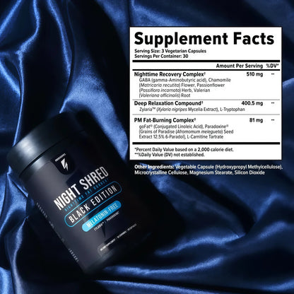 Night Shred Black Melatonin-Free - Night Time Fat Burner, Weight Loss, and Natural Sleep Support - GABA Complex with Ashwagandha, CLA, Grains of Paradise - Thermogenic Fat Burner - 90 Vegan Capsules